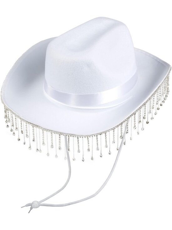 Accessories - Rhinestone Fringe White Cowboy Hat with Chin Cord - Stylish Western Cowgirl